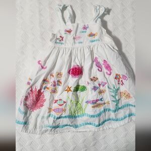 White Embroidered Ocean-Theme Girls Dress - Pink & Multicolor